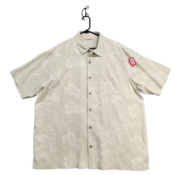 Tommy Bahama Shirt Mens XL Beige 100% Silk Short Sleeve - Picture 1 of 16